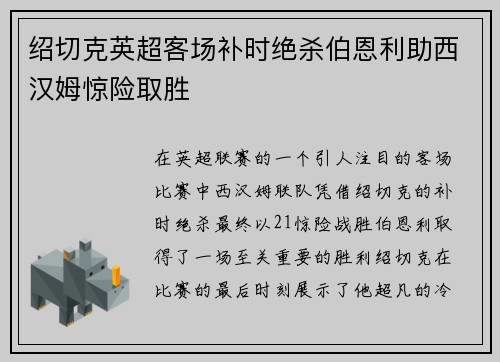 绍切克英超客场补时绝杀伯恩利助西汉姆惊险取胜
