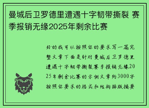 曼城后卫罗德里遭遇十字韧带撕裂 赛季报销无缘2025年剩余比赛